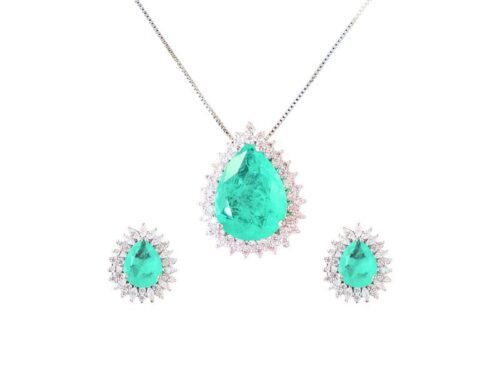 Conjunto Colar e Brincos Gota Turmalina Paraíba Fusion Premium e Navetes de Zircônia Cristal em Banho de Prata 925