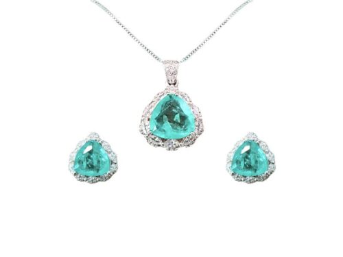 Conjunto Lapidação Trillion Turmalina Paraíba Fusion Cravejado de Zircônias Cristal em Banho de Prata 925