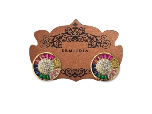 Brinco Pizza de Baguetes Coloridas Cravejado de Zircônias Cristal em Banho de Ouro18K