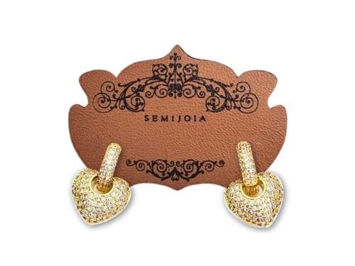 Brinco Mini Argola e Pingente de Coração Cravejados de Zircônias Cristal em Banho de Ouro 18K