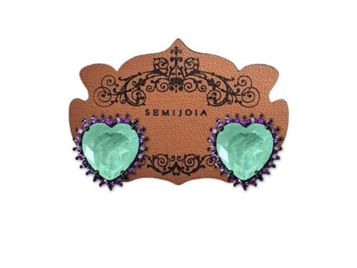 Brinco Coração Fusion Premium Turmalina Paraíba Cravejado de Zircônias Tanzanita em Banho de Ródio Negro