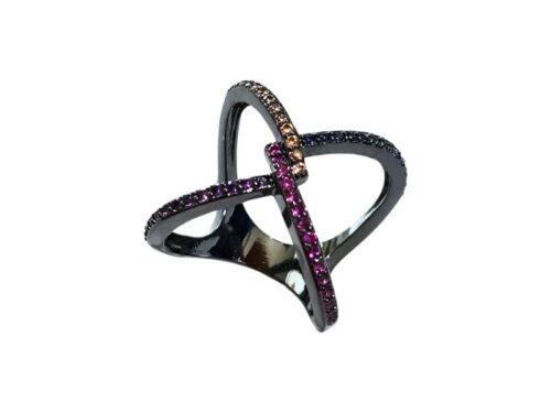 Anel 14 X Cravejado de Zircônias Coloridas em Banho de Ródio Negro