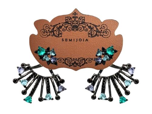 Brinco Ear Jacket Cravejado de Zircônias Onix e Zircônias Turmalina e Tanzanita em Banho de Ródio Negro