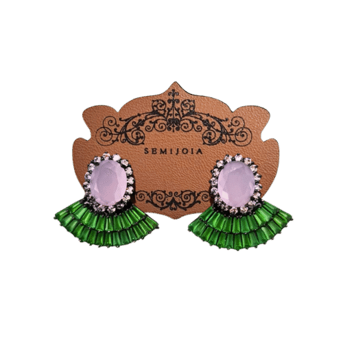 Brinco Leque Oval de Quartzo Rosa Cravejado de Zircônias Cristal e Baguetes Esmeralda Leitosa em Banho de Ródio Negro