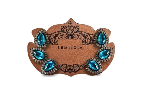 Brinco Ear Cuff Três Folhas de Zircônia Turmalina Azul Cravejado de Nano Turquesa em Banho de Ródio Negro