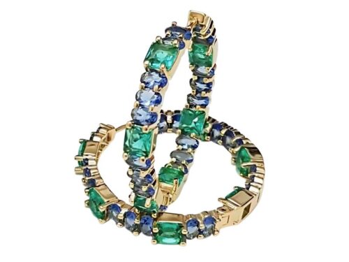 Brinco Argola Riviera de Retângulos Turmalina e Ovais Tanzanita em Banho de Ouro 18K