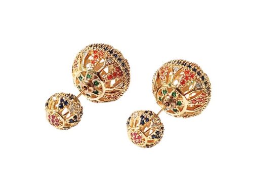 Brinco Ear Jacket Bolas com Vazados Geométricos Microcravejadas de Zircônias Coloridas em Banho de Ouro Amarelo