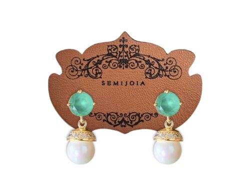 Brinco Redondo Turmalina Paraíba Fusion Premium com Pingente de Pérola Shell Cravejado de Zircônias Transparentes em Banho de Ouro Amarelo