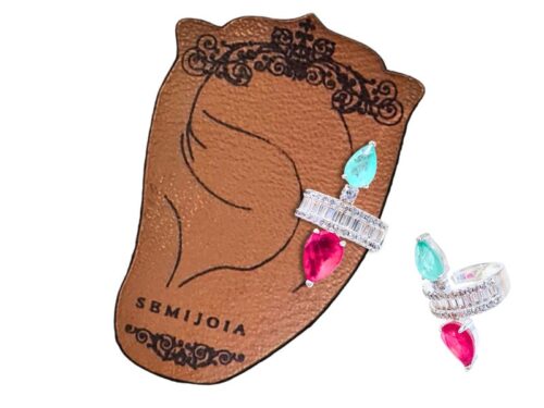 Piercing Fake Unilateral 2 Gotas Turmalina Paraíba e  Turmalina Pink Fusion Premium Cravejado de Baguetes e Zircônias Transparentes em Banho de Prata 925