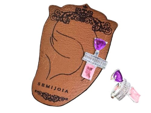 Piercing Fake Unilateral Triângulo Ametista e Retângulo Turmalina Rosa Light Fusion Premium Cravejado de Baguetes e Zircônias Transparentes em Banho de Prata 925