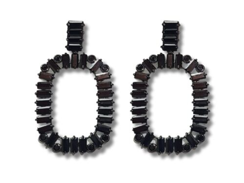 Brinco Retângulo Vazado de Baguetes e Círculos Ônix em Banho de Ródio Negro