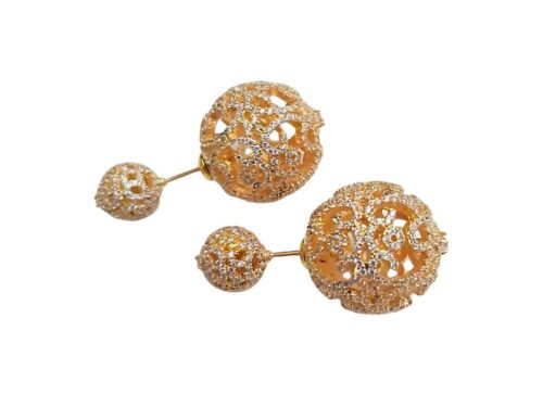 Brinco Ear Jacket Inspired Bolas de Filigrana Microcravejadas de Zircônias Transparentes em Banho de Ouro Amarelo