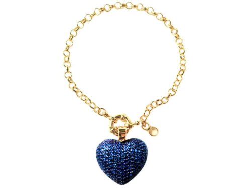 Pulseira Elo Português com Fecho Bóia e Pingente de Coração Cravejado de Zircônias Safira Azul em Banho de Ouro Amarelo Rodinado com Ródio Negro
