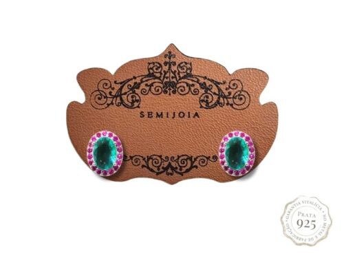 Brinco Oval Turmalina Cravejado de Zircônias Rubi Pink de Prata 925 Maciça