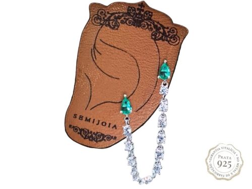 Brinco Ear Line Unilateral 2 Gotas de Zircônia Turmalina com Corrente Riviera de Zircônias Transparentes de Prata 925 Maciça