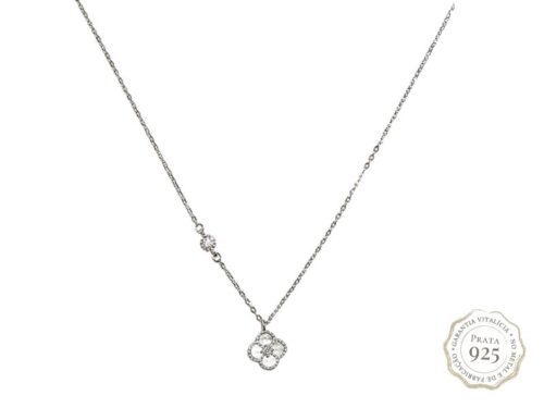 Colar Delicado Trevo de Madrepérola com Ponto de Luz de Cristal Transparente Prata 925 Maciça