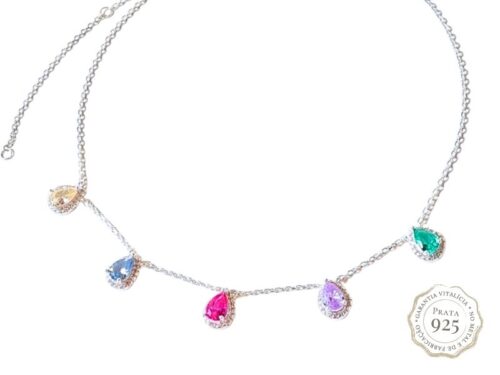 Choker 5 Gotas de Zircônias Coloridas Cravejadas de Zircônias Transparentes de Prata 925 Maciça