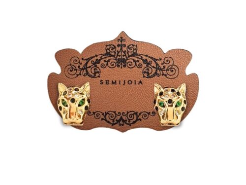 Brinco Leopardo Cravejado de Zircônias Transparentes e Ônix com Olhos Esmeralda em Banho de Ouro Amarelo