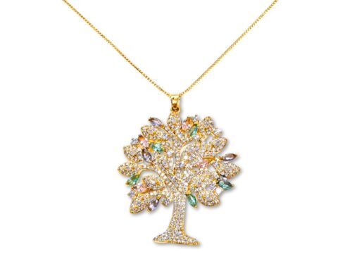 Colar Árvore da Vida Cravejada de Zircônias Transparentes e de Navetes Turmalina, Ametista e Safira Rosa em Banho de Ouro Amarelo