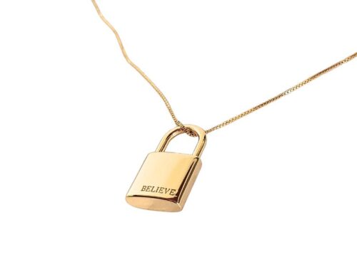Colar Cadeado com Inscrição"Believe" Maciço em Banho de Ouro Amarelo