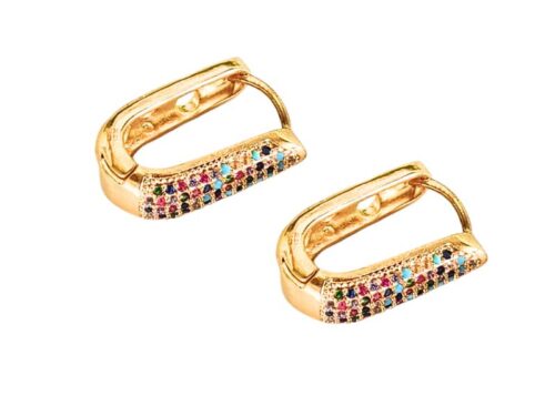 Brinco Argola Click em Forma de Gota Alongada Cravejada de Zircônias Coloridas em Banho de Ouro Amarelo