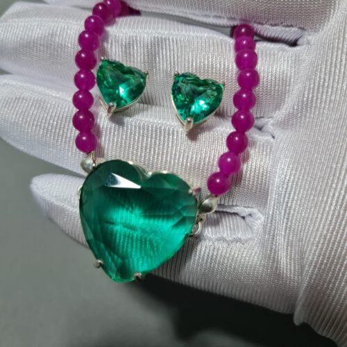 Conjunto Coração de Cristal Turmalina e Corrente de Pedra Natural Jade Pink em Banho de Prata 925