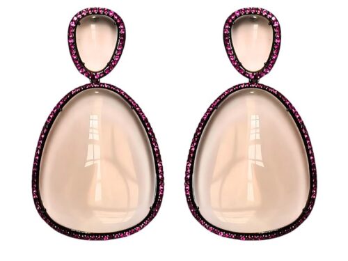 Brinco Cristal Oval Lapidação Cabochão Morganita Cravejado de Zircônias Rubi Pink em Banho de Ródio Negro