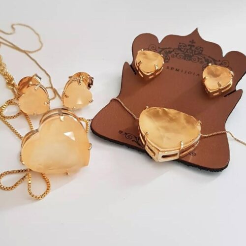 Conjunto Coração Cornalina Tangerina Fusion em Banho de Ouro Amarelo
