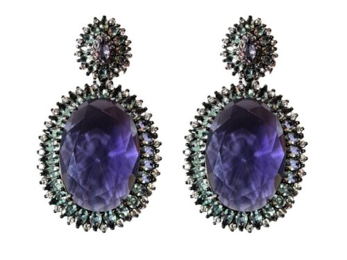 Brinco Oval Ametista Cravejado de Navetes de Zircônia Ametista e Água Marinha e Zircônias Transparentes em Banho de Ródio Negro