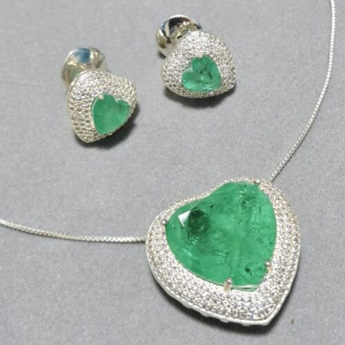 Conjunto Coração Turmalina Paraíba Fusion Cravejado de Zircônias Transparentes em Banho de Prata 925